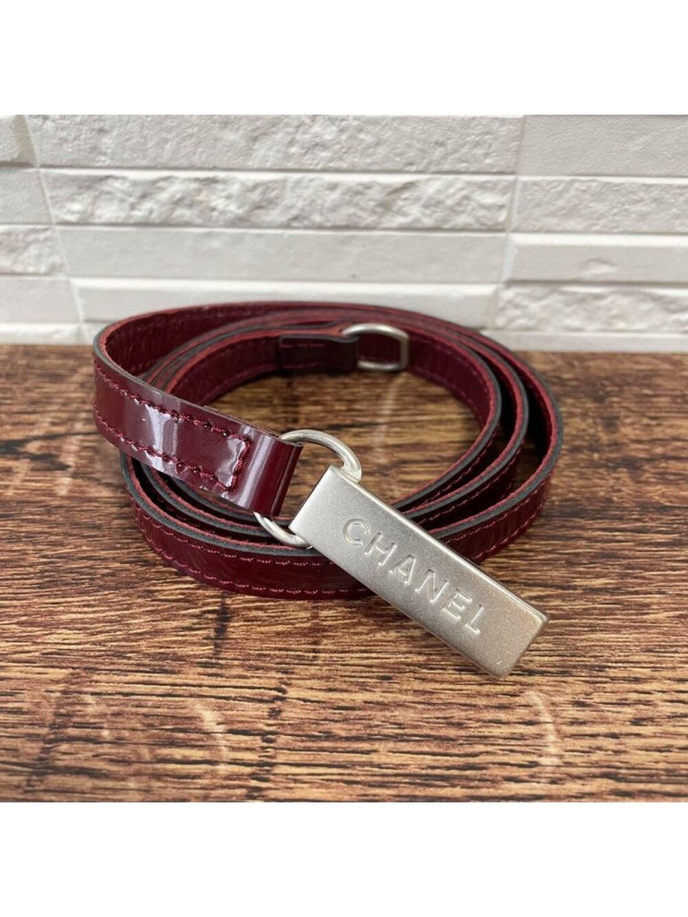 Chanel Enamel Leather Silver Buckle Belt Bordeaux - Picture 1 of 10